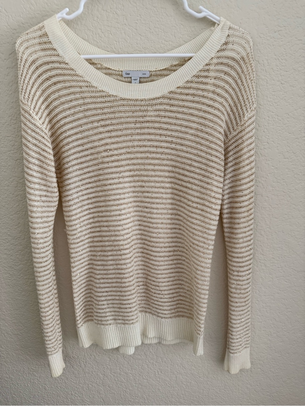 GAP cream & tan striped sweater with gold sequins